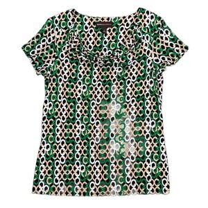 Dana Buchman Women's S Green White Beige Top Geometric Ruffle Neck Short Sleeve